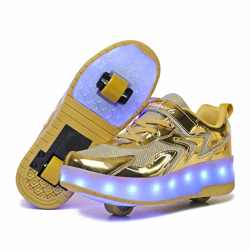 Kids gold LED roller shoes with light-up removable wheels from HANSYBAY, worn as adjustable sneakers
