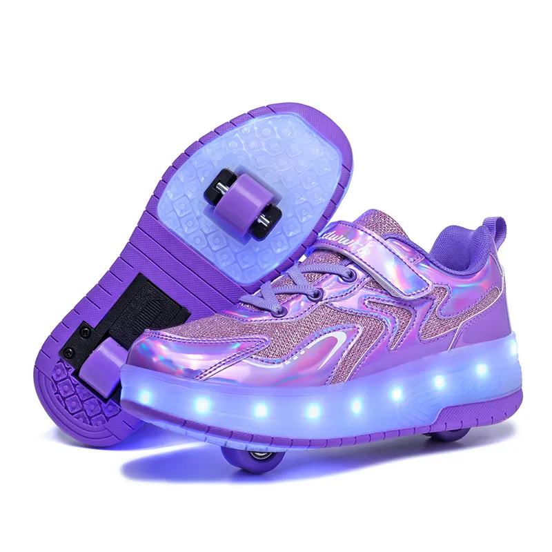 Kids purple LED roller shoes with light-up removable wheels from HANSYBAY, worn as adjustable sneakers